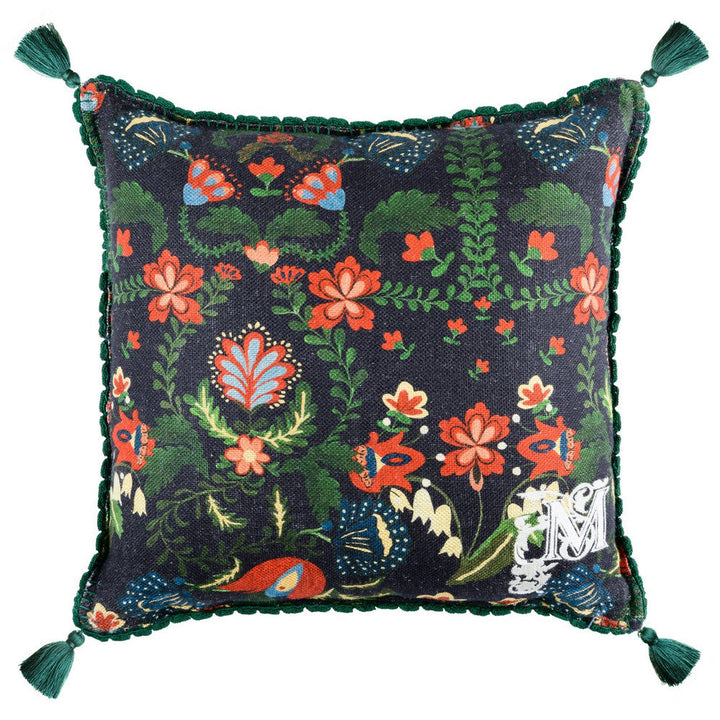 Zabola Linen Cushion by Mind the Gap Designer Pillow TRANSYLVANIAN ROOTS 100% Linen Made in Romania Green tassels 20 x 20 in - Swanky Fabrics -