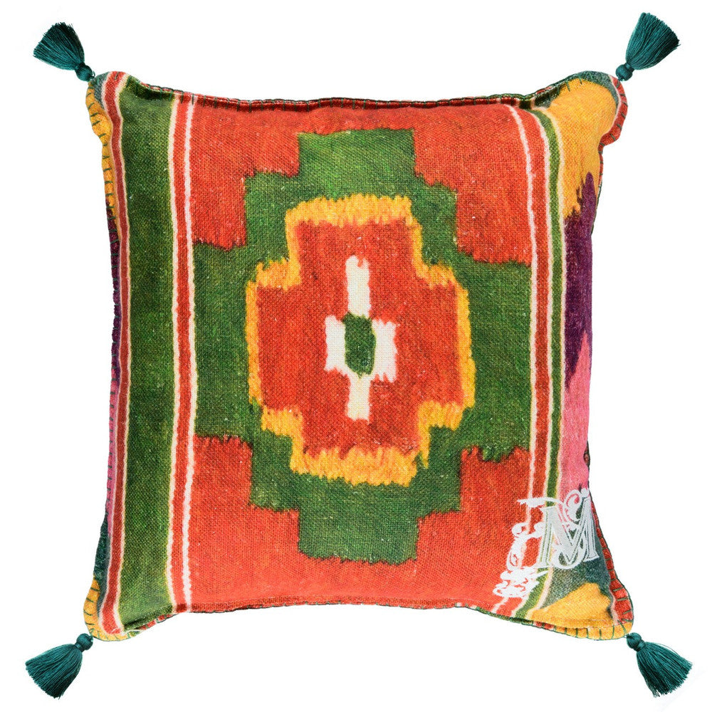 Erdely Linen Cushion by Mind the Gap Designer Pillow TRANSYLVANIAN ROOTS 100% Linen Made in Romania Green tassels 20 x 20 in - Swanky Fabrics -