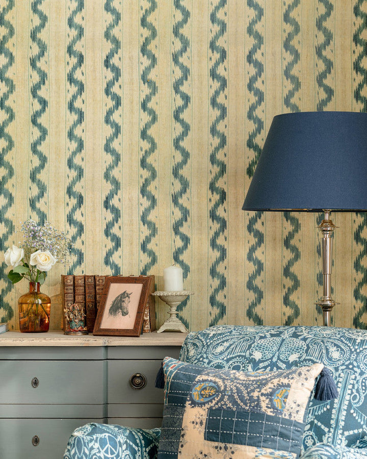 Mind The Gap Wallpaper VINTAGE IKAT Wallpaper (WP30103) | WP30103 | WOODSTOCK '69 LIFESTYLE COLLECTION | 1 roll x 20.5 x 393.7 in | 0.52m / 20.5in | 10m / 393.7in | 5.20mp | 52cm / 20.5in | Indigo | Satin Matte | Paste the wall | 1-roll in a box | Fabric Carolina | https://www.fabriccarolina.com/