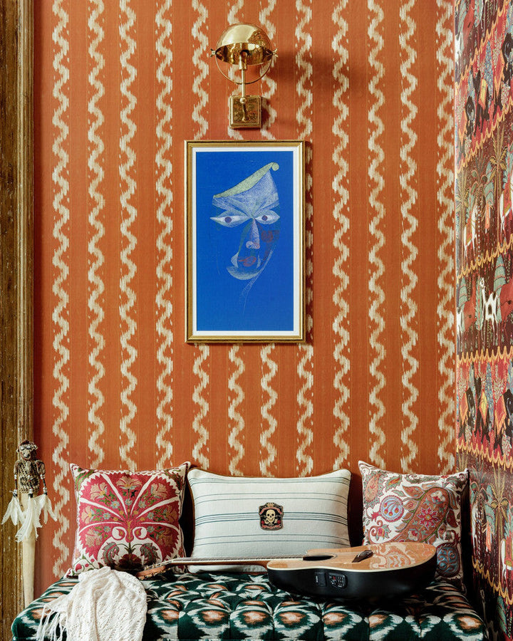 Mind The Gap Wallpaper VINTAGE IKAT Apricot Wallpaper (WP30101) | WP30101 | WOODSTOCK '69 LIFESTYLE COLLECTION | 1 roll x 20.5 x 393.7 in | 0.52m / 20.5in | 10m / 393.7in | 5.20mp | 52cm / 20.5in | Apricot, Taupe | Satin Matte | Paste the wall | 1-roll in a box | Fabric Carolina | https://www.fabriccarolina.com/