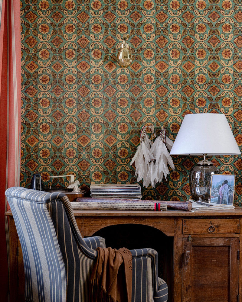 VARANASI Topaz Wallpaper (WP30100) by Mind The Gap | WP30100 | WOODSTOCK '69 LIFESTYLE COLLECTION | 1 roll x 20.5 x 393.7 in | 0.52m / 20.5in | 10m / 393.7in | 5.20mp | 50cm / 19.6in | Brown, Turquoise | Satin Matte | Paste the wall | 1-roll in a box | Fabric Carolina | https://www.fabriccarolina.com/