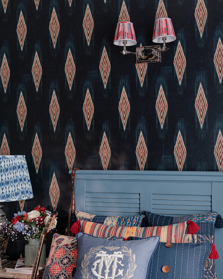 MAIYSHA Indigo Wallpaper (WP30087) by Mind The Gap | WP30087 | WOODSTOCK '69 LIFESTYLE COLLECTION | 1 roll x 20.5 x 393.7 in | 0.52m / 20.5in | 10m / 393.7in | 5.20mp | 60cm / 23.7in | Indigo, Red | Satin Matte | Paste the wall | 1-roll in a box | Fabric Carolina | https://www.fabriccarolina.com/