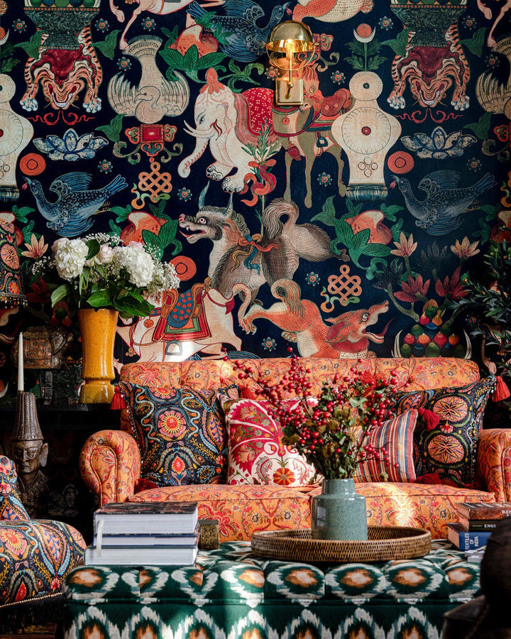 Incantation Dark Wallpaper by Mind the Gap Designer Wallpaper WOODSTOCK '69 LIFESTYLE COLLECTION Satin Matte Made in Europe Paste the wall 3 rolls x 20.5 x 3.25 yards - Swanky Fabrics -