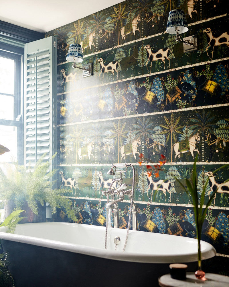 Carnaval Green Wallpaper by Mind the Gap Designer Wallpaper WOODSTOCK '69 LIFESTYLE COLLECTION Satin Matte Made in Europe Paste the wall 3 rolls x 20.5 x 3.25 yards - Swanky Fabrics -