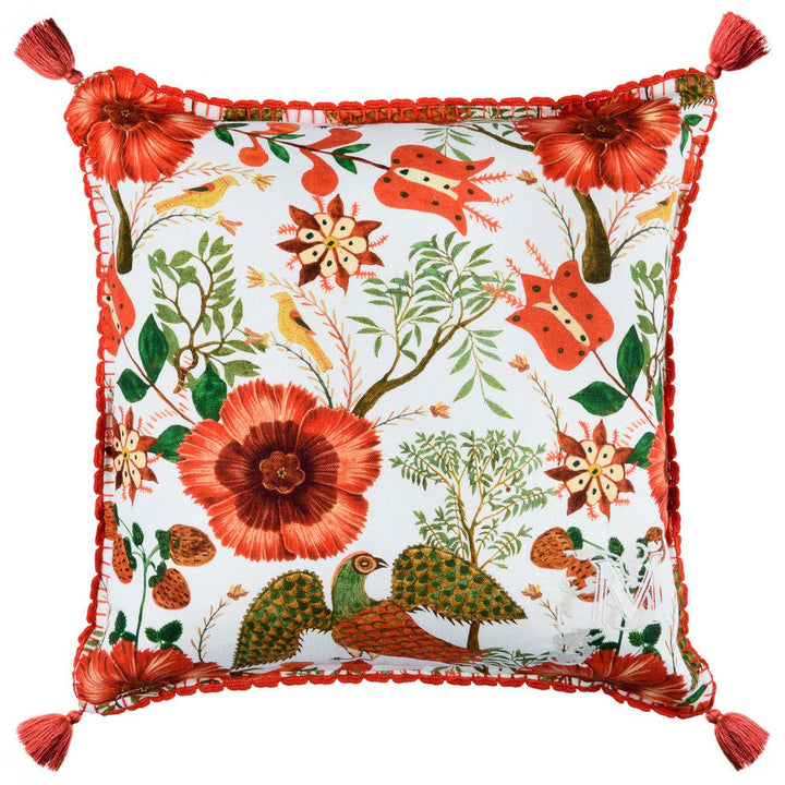 Szekely Linen Cushion by Mind the Gap Designer Pillow TRANSYLVANIAN ROOTS 100% Linen Made in Romania Red tassels 20 x 20 in - Swanky Fabrics -