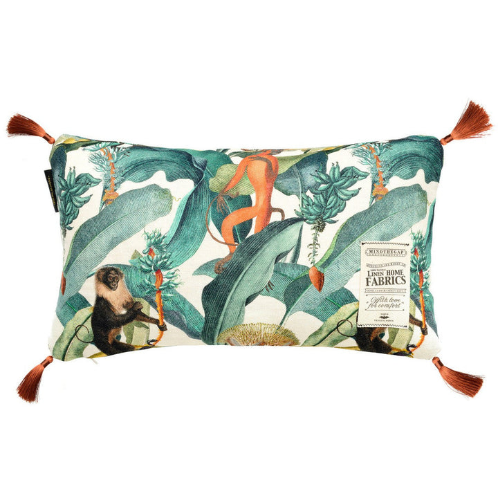 Bermuda Linen Cushion by Mind the Gap Designer Pillow TROPICAL MOOD 100% Linen Made in United Kingdom Copper tassels on corners 20 x 12 in - Swanky Fabrics -