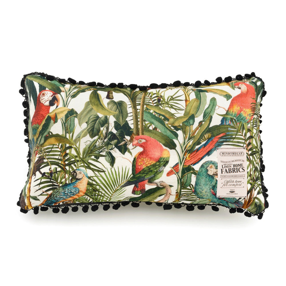 PARROTS OF BRASIL Linen Cushion (LC40025) by Mind The Gap | LC40025 | TROPICAL MOOD | 20 x 12 in | Blue, Red, Yellow | Fabric Carolina | https://www.fabriccarolina.com/