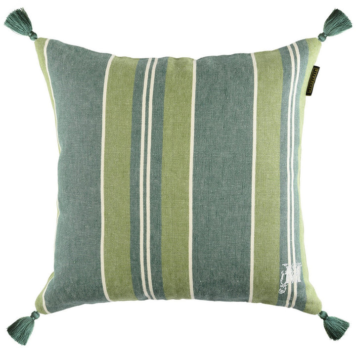SZEPVIZ Stripe Heavy Linen Cushion (LC40094) by Mind The Gap | LC40094 | TRANSYLVANIAN ROOTS | 20 x 20 in | Green, White | Fabric Carolina | https://www.fabriccarolina.com/