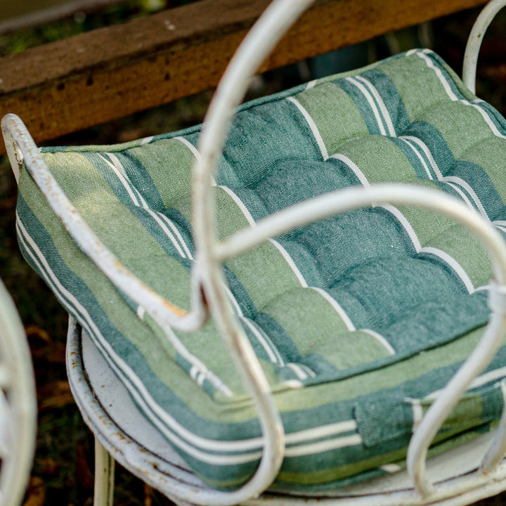 SZEPVIZ STRIPE Linen Chair Cushion (AC00021) by Mind The Gap | AC00021 | TRANSYLVANIAN ROOTS | 15,75 x 15,7 x 3,5 in | Green, White | Fabric Carolina | https://www.fabriccarolina.com/