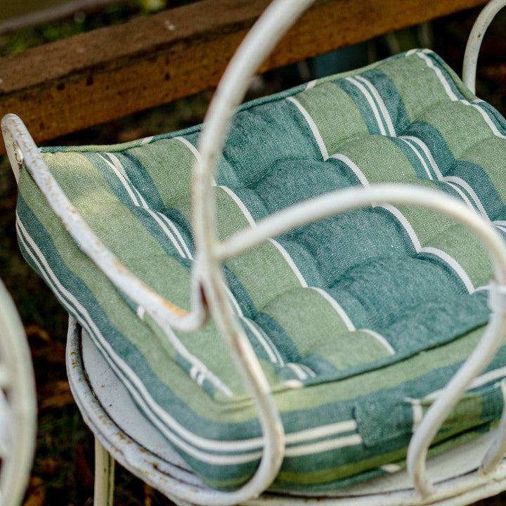 Mind The Gap Pillows SZEPVIZ STRIPE Linen Chair Cushion (AC00021) | AC00021 | TRANSYLVANIAN ROOTS | 15,75 x 15,7 x 3,5 in | Green, White | Fabric Carolina | https://www.fabriccarolina.com/