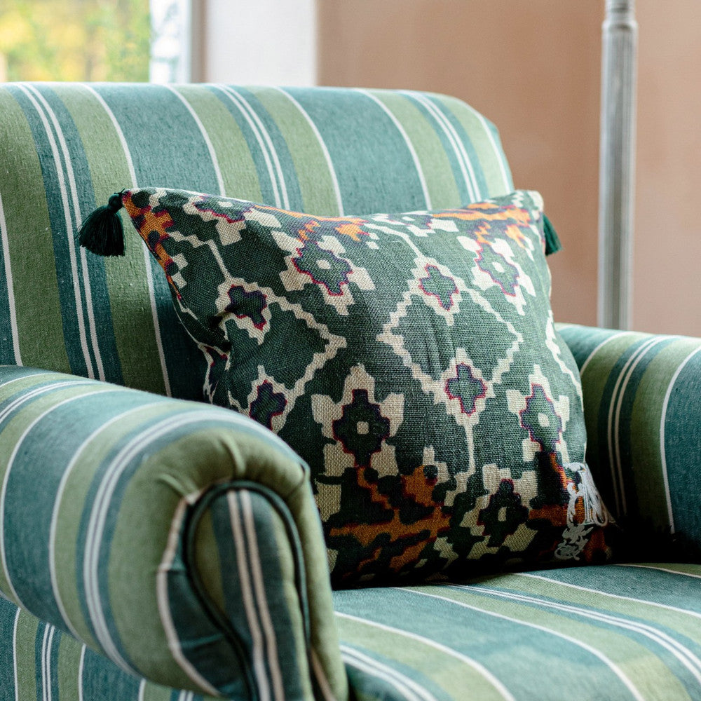 ZOLD Linen Cushion (LC40092) by Mind The Gap | LC40092 | TRANSYLVANIAN ROOTS | 20 x 20 in | Green, Orange, White | Fabric Carolina | https://www.fabriccarolina.com/