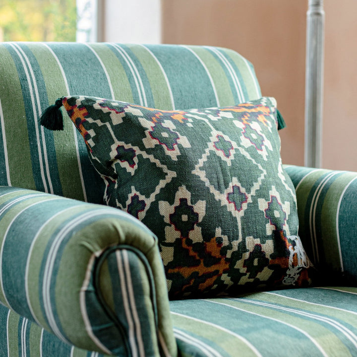 ZOLD Linen Cushion (LC40092) by Mind The Gap | LC40092 | TRANSYLVANIAN ROOTS | 20 x 20 in | Green, Orange, White | Fabric Carolina | https://www.fabriccarolina.com/