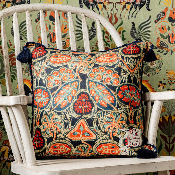 Heirloom Linen Cushion by Mind the Gap Designer Pillow TRANSYLVANIAN ROOTS 100% Linen Made in Romania Blue scallop crochet trimming 20 x 20 in - Swanky Fabrics -