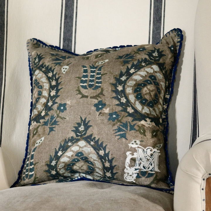 FLOURISH Linen Cushion (LC40087) by Mind The Gap | LC40087 | TRANSYLVANIAN ROOTS | 20 x 20 in | Blue, Grey, Taupe | Fabric Carolina | https://www.fabriccarolina.com/