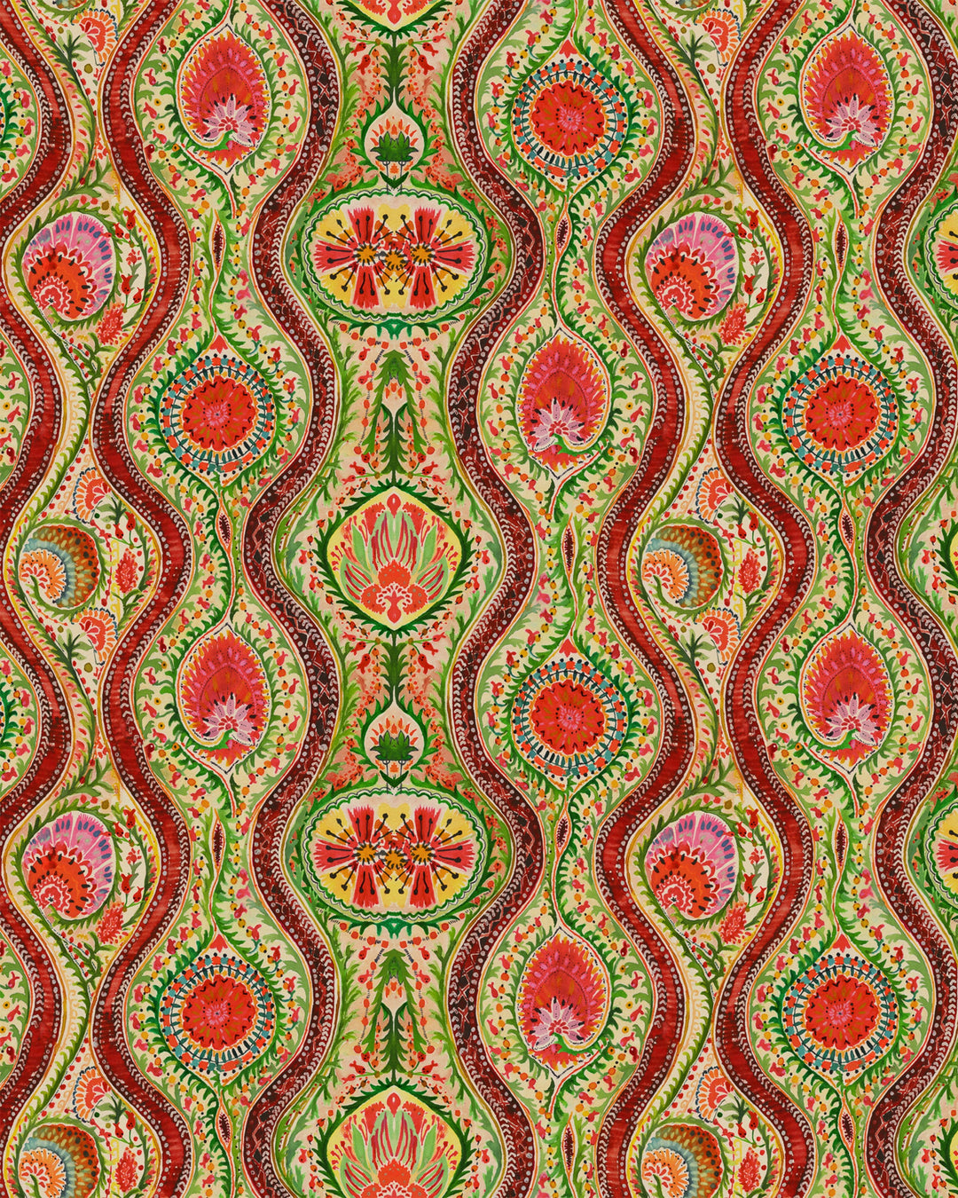 HIPPIE PAISLEY Wallpaper (WP20616) by Mind The Gap | WP20616 | WOODSTOCK '69 | 3 rolls x 52x300 cm / 20.5x118.1 in | 0.52m / 20.5in | 3m / 118in | 4.65sqm / 50sq ft | 150cm / 59in | Blue, Green, Yellow, Pink, Beige, Red | Non-woven Satin | Paste the wall | 3-rolls in a box | Fabric Carolina | https://www.fabriccarolina.com/