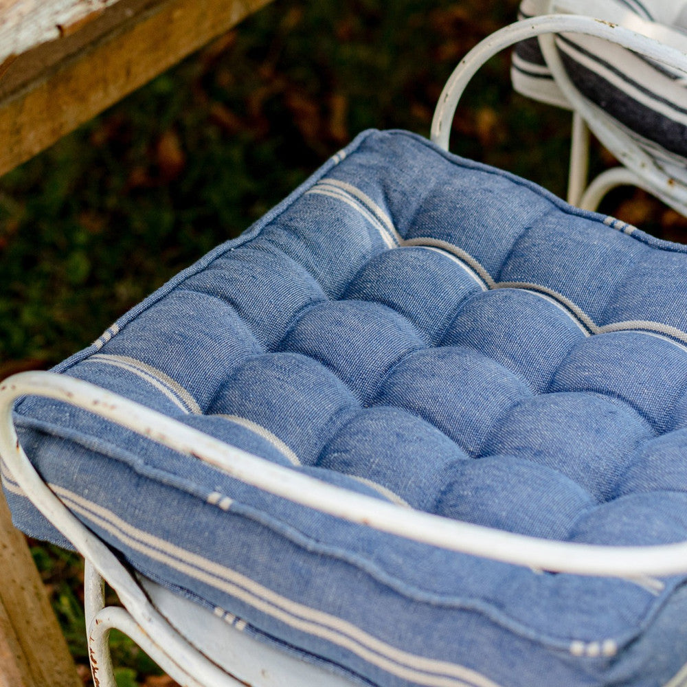 KATALIN STRIPE Linen Chair Cushion (AC00022) by Mind The Gap | AC00022 | TRANSYLVANIAN ROOTS | 15,75 x 15,7 x 3,5 in | Blue, White | Fabric Carolina | https://www.fabriccarolina.com/
