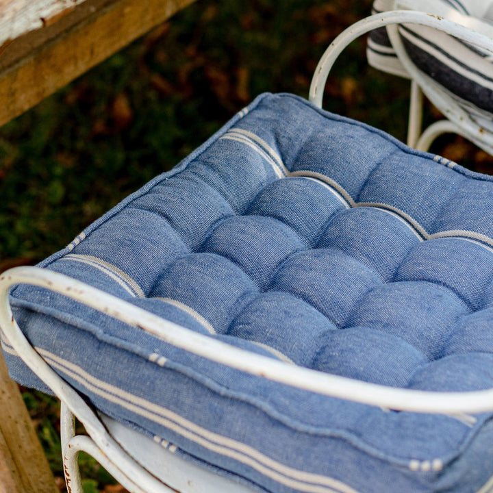 KATALIN STRIPE Linen Chair Cushion (AC00022) by Mind The Gap | AC00022 | TRANSYLVANIAN ROOTS | 15,75 x 15,7 x 3,5 in | Blue, White | Fabric Carolina | https://www.fabriccarolina.com/
