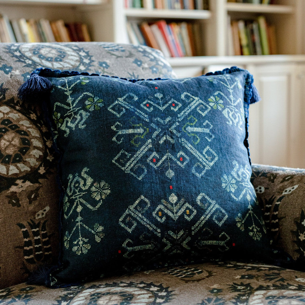 ROOTS Linen Cushion (LC40089) by Mind The Gap | LC40089 | TRANSYLVANIAN ROOTS | 20 x 20 in | Blue, Taupe | Fabric Carolina | https://www.fabriccarolina.com/