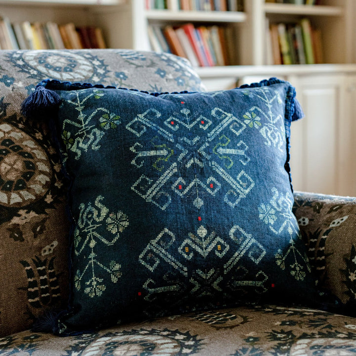 ROOTS Linen Cushion (LC40089) by Mind The Gap | LC40089 | TRANSYLVANIAN ROOTS | 20 x 20 in | Blue, Taupe | Fabric Carolina | https://www.fabriccarolina.com/