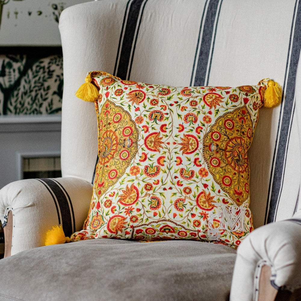 Csardas Linen Cushion by Mind the Gap Designer Pillow TRANSYLVANIAN ROOTS 100% Linen Made in Romania Yellow tassels 20 x 20 in - Swanky Fabrics -