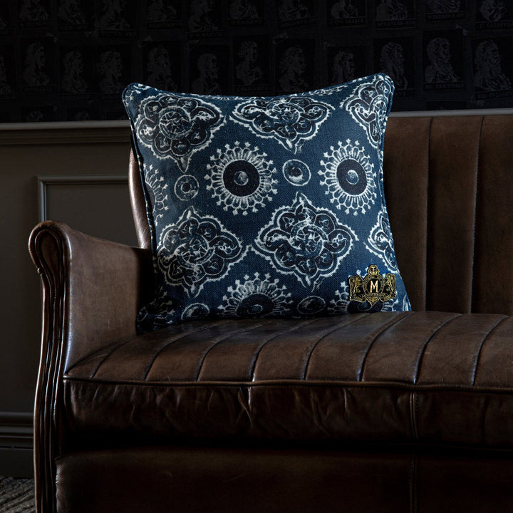 AJRAK Linen Cushion (LC40036) by Mind The Gap | LC40036 | THE HOME OF AN ECCENTRIC MAN | 20 x 20 in | Black, Blue, White | Fabric Carolina | https://www.fabriccarolina.com/