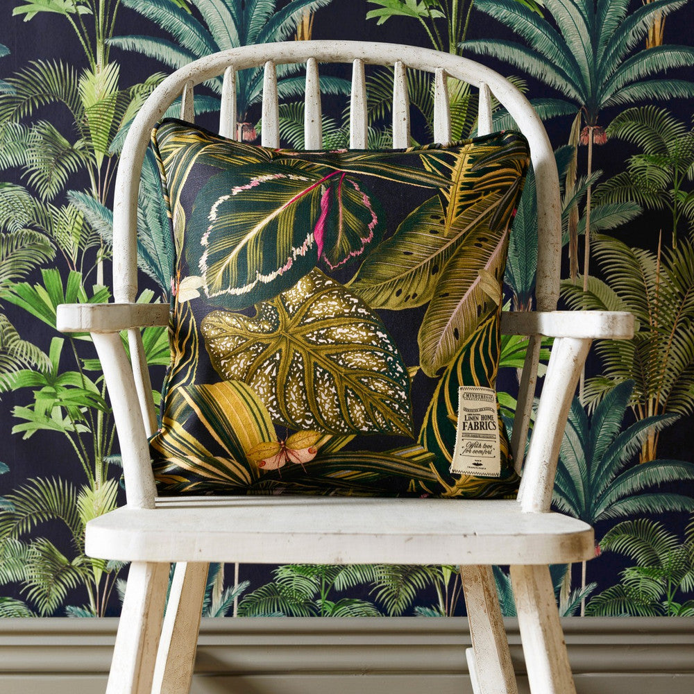 AMAZONIA Linen Cushion (LC40014) by Mind The Gap | LC40014 | TROPICAL MOOD | 20 x 20 in | Black, Green | Fabric Carolina | https://www.fabriccarolina.com/