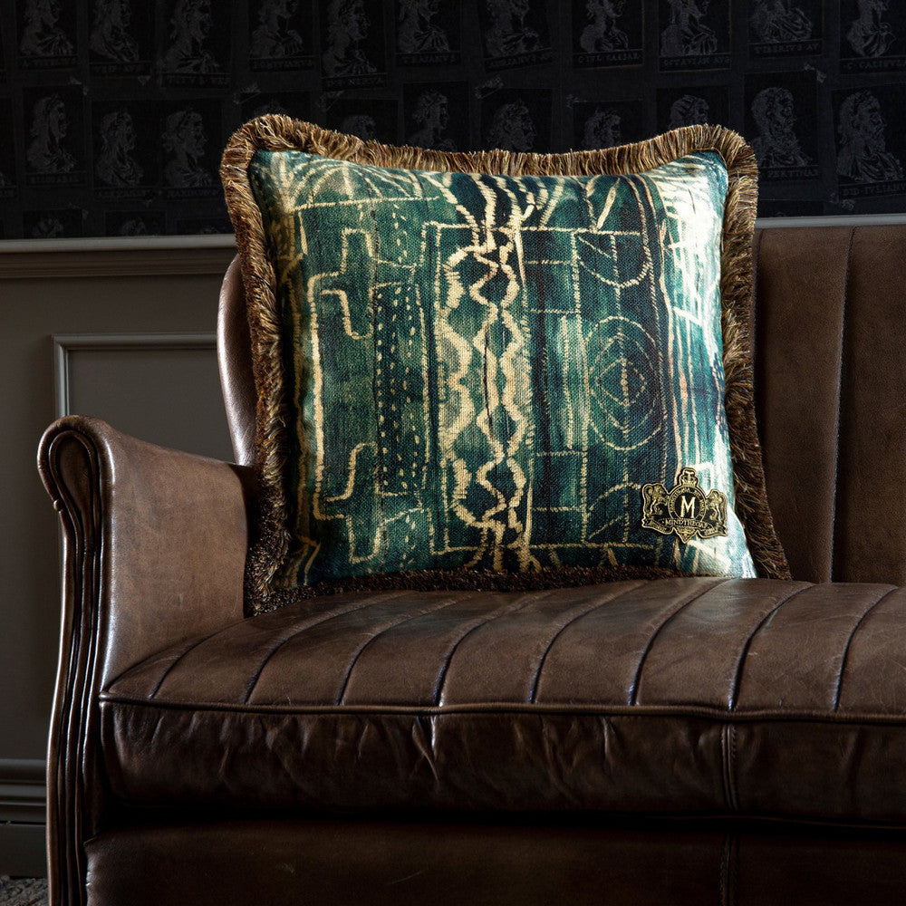 BAMILEKE Linen Cushion (LC40060) by Mind The Gap | LC40060 | THE HOME OF AN ECCENTRIC MAN | 20 x 20 in | Blue, Taupe, Turquoise | Fabric Carolina | https://www.fabriccarolina.com/