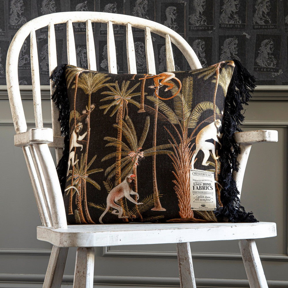 BARBADOS Anthracite Linen Cushion (LC40006) by Mind The Gap | LC40006 | TROPICAL MOOD | 20 x 20 in | Anthracite, Green, Orange | Fabric Carolina | https://www.fabriccarolina.com/