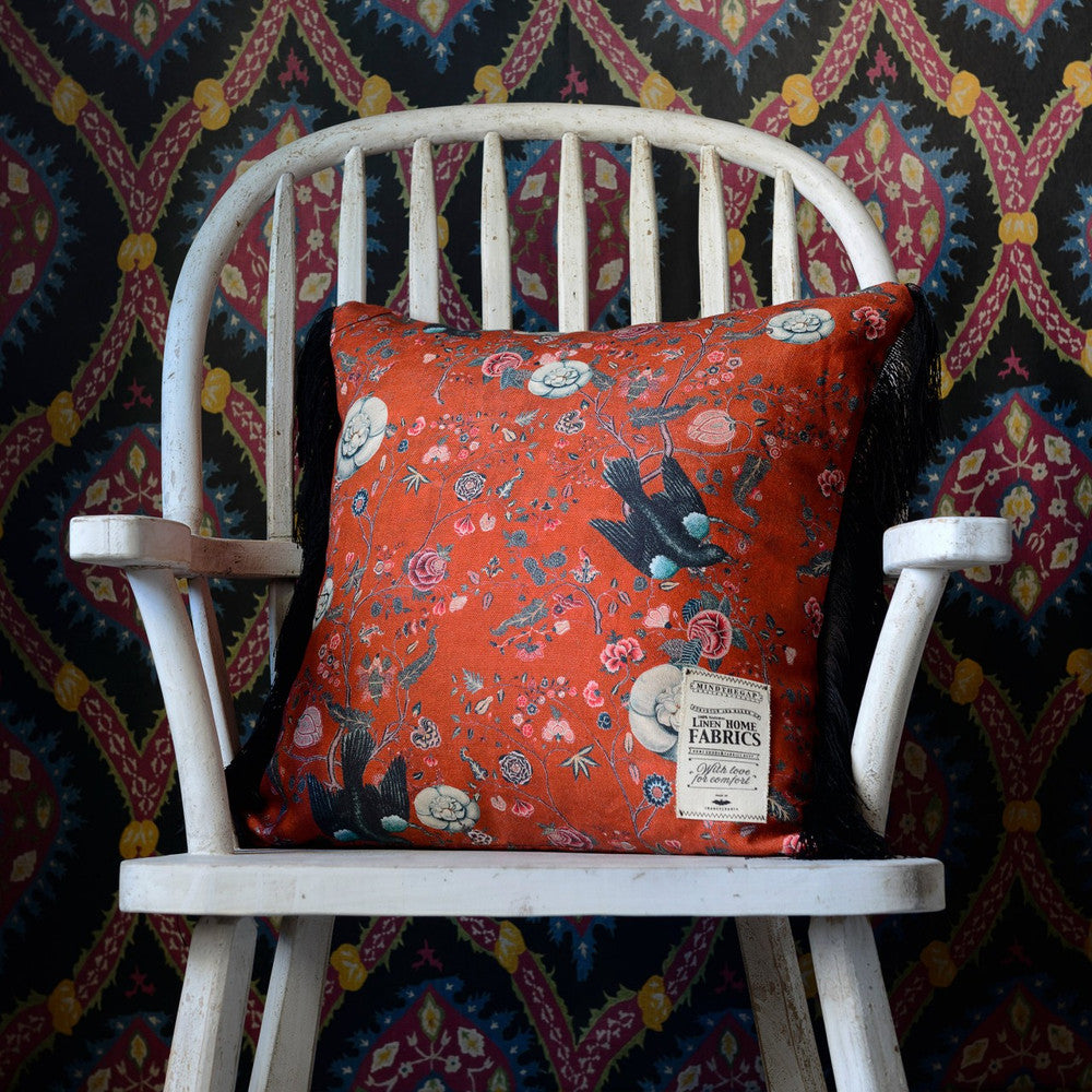 BLACK BIRD Linen Cushion (LC40003) by Mind The Gap | LC40003 | NOMAD STORY | 20 x 20 in | Black, Blue, Red | Fabric Carolina | https://www.fabriccarolina.com/