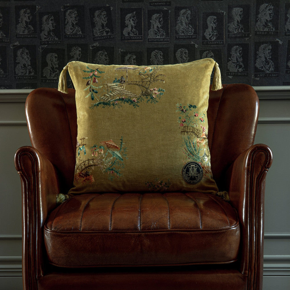 CHINOISERIE Velvet Cushion (LC40054) by Mind The Gap | LC40054 | THE TRANSYLVANIAN MANOR | 20 x 20 in | Blue, Brown, Green, Taupe | Fabric Carolina | https://www.fabriccarolina.com/