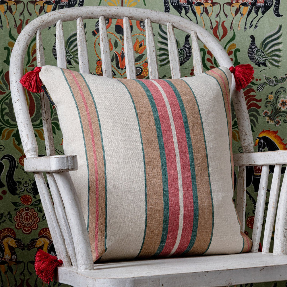 HERINA Stripe Heavy Linen Cushion (LC40095) by Mind The Gap | LC40095 | TRANSYLVANIAN ROOTS | 20 x 20 in | Brown, Green, White | Fabric Carolina | https://www.fabriccarolina.com/