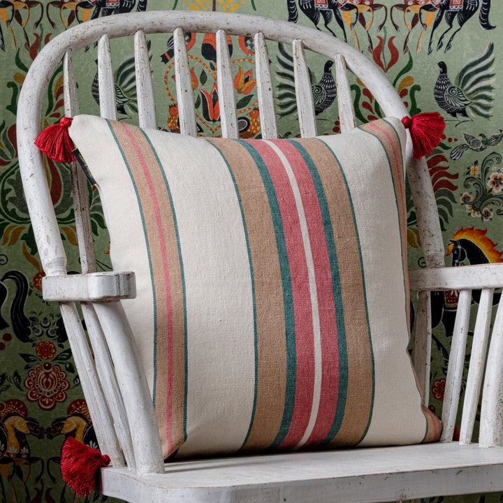 HERINA Stripe Heavy Linen Cushion (LC40095) by Mind The Gap | LC40095 | TRANSYLVANIAN ROOTS | 20 x 20 in | Brown, Green, White | Fabric Carolina | https://www.fabriccarolina.com/