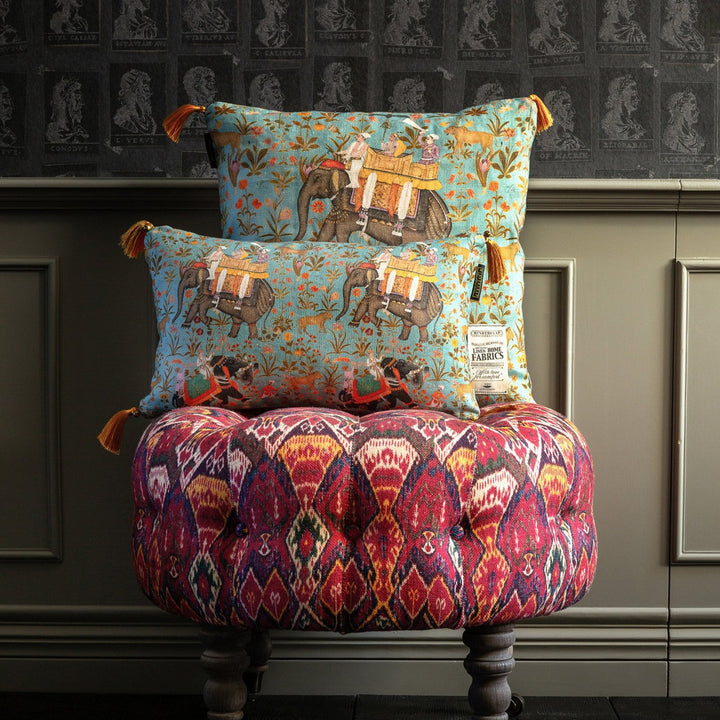 HINDUSTAN Aquamarine Linen Cushion (LC40023) by Mind The Gap | LC40023 | NOMAD STORY | 20 x 12 in | Blue, Brown, Green, Orange | Fabric Carolina | https://www.fabriccarolina.com/