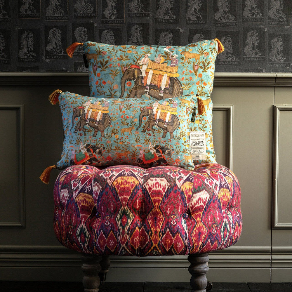 HINDUSTAN Aquamarine Linen Cushion (LC40023) by Mind The Gap | LC40023 | NOMAD STORY | 20 x 12 in | Blue, Brown, Green, Orange | Fabric Carolina | https://www.fabriccarolina.com/