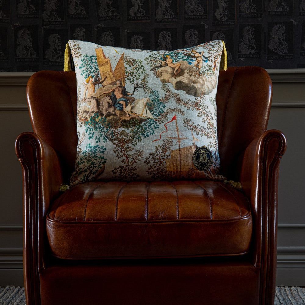 JOURNEY TO EDEN Linen Cushion (LC40052) by Mind The Gap | LC40052 | THE TRANSYLVANIAN MANOR | 20 x 20 in | Blue, Brown, Green, Taupe | Fabric Carolina | https://www.fabriccarolina.com/