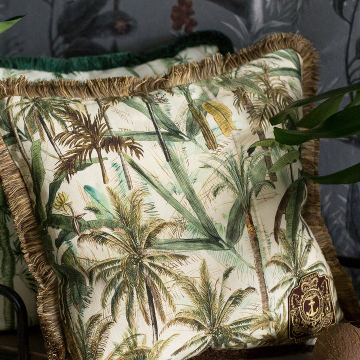 The Jungle Cushion by Mind the Gap Designer Pillow THE TROPICAL COTTAGE 100% Linen Made in United Kingdom / Romania Golden fringing 20 x 20 in - Swanky Fabrics -