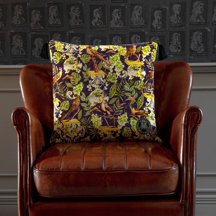 La Voliere Velvet Cushion by Mind the Gap Designer Pillow THE TRANSYLVANIAN MANOR 100% Cotton velvet Made in United Kingdom Black tasseled corners 20 x 20 in - Swanky Fabrics -