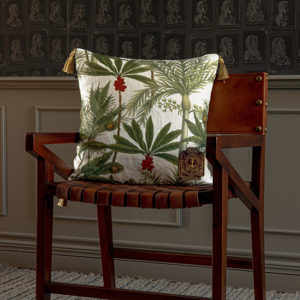 Madagascar Cushion by Mind the Gap Designer Pillow THE TROPICAL COTTAGE 100% Linen Made in United Kingdom / Romania Golden tassels 20 x 20 in - Swanky Fabrics -