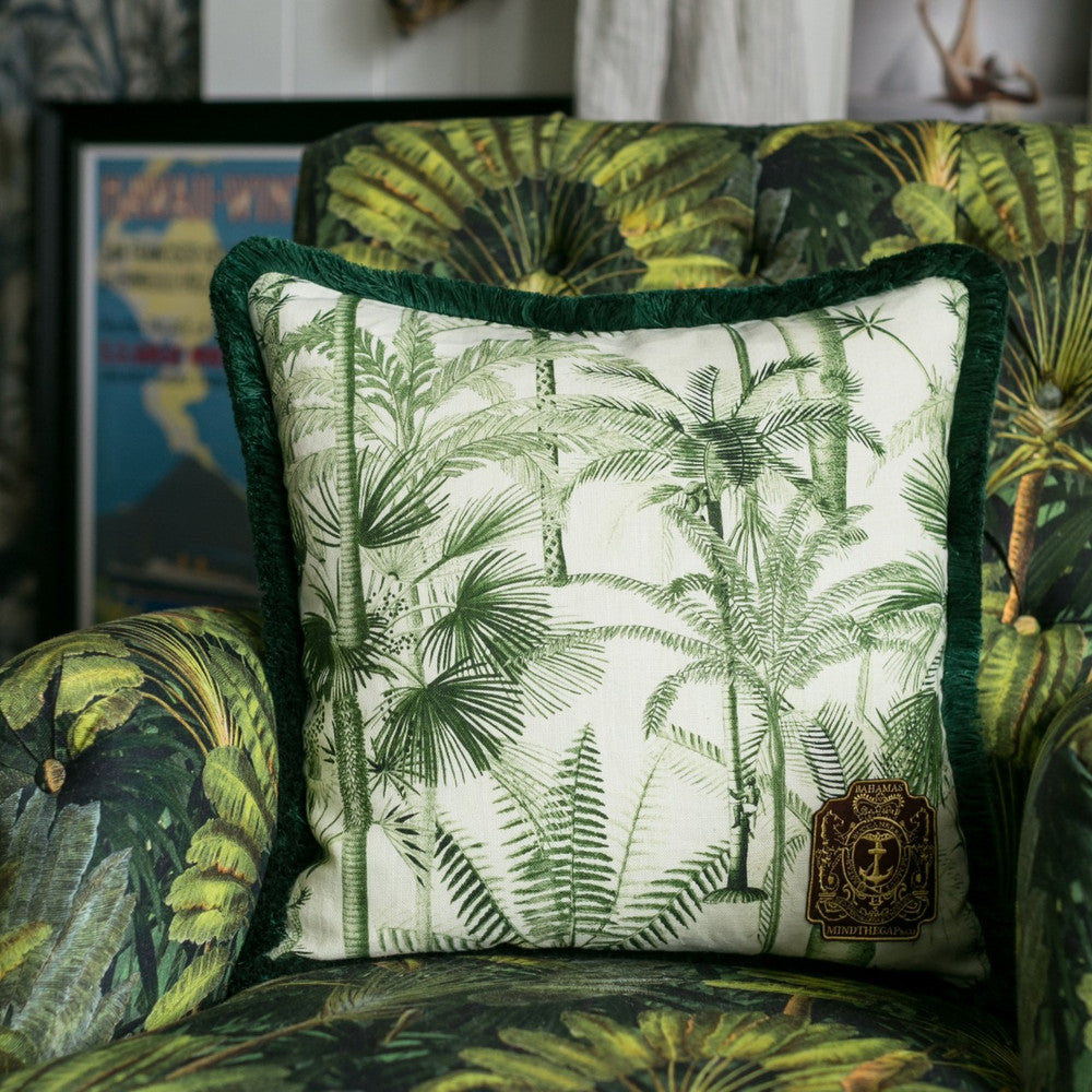 Palmera Cubana Cushion by Mind the Gap Designer Pillow THE TROPICAL COTTAGE 100% Linen Made in United Kingdom / Romania Green fringes 20 x 20 in - Swanky Fabrics -