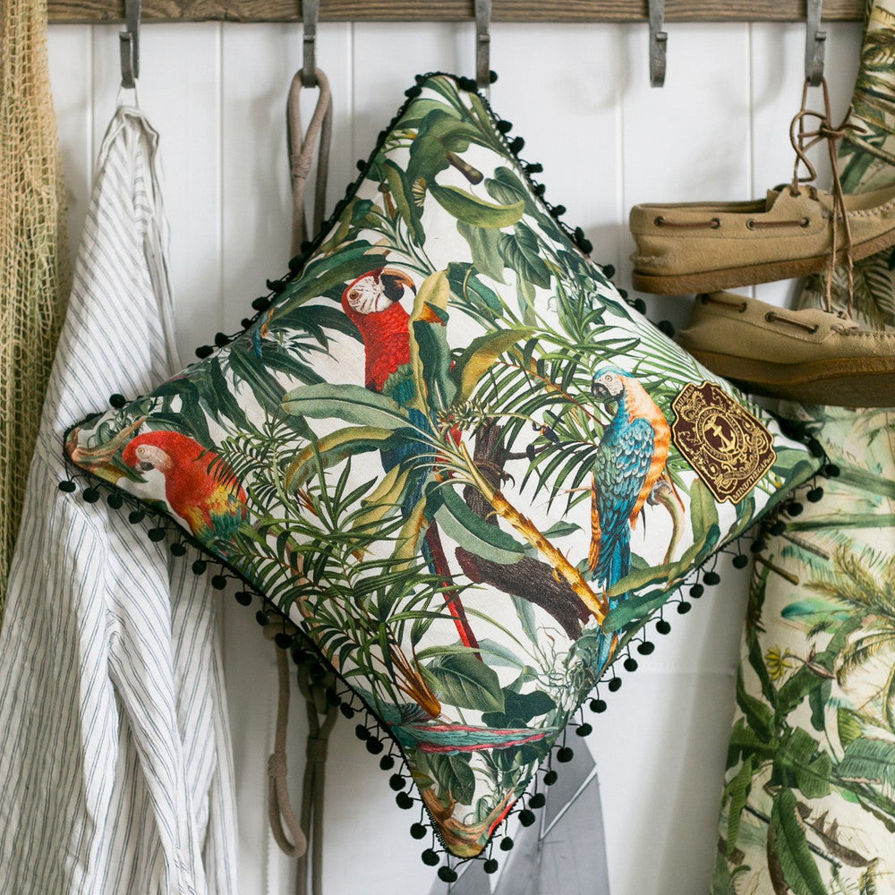 Mind The Gap Pillows PARROTS OF BRASIL Linen Cushion (LC40017) | LC40017 | THE TROPICAL COTTAGE | 20 x 20 in | Blue, Red, Yellow | Fabric Carolina | https://www.fabriccarolina.com/
