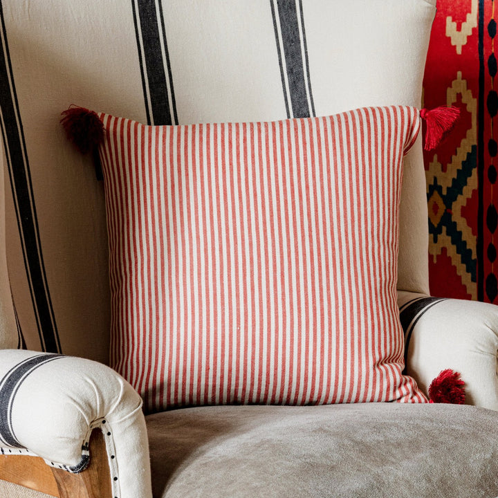 RHUBARB Stripe Heavy Linen Cushion (LC40097) by Mind The Gap | LC40097 | TRANSYLVANIAN ROOTS | 20 x 20 in | Red, White | Fabric Carolina | https://www.fabriccarolina.com/