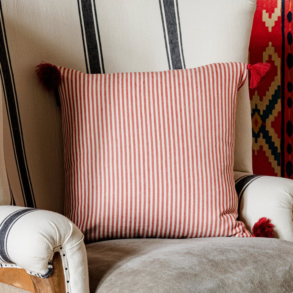 RHUBARB Stripe Heavy Linen Cushion (LC40097) by Mind The Gap | LC40097 | TRANSYLVANIAN ROOTS | 20 x 20 in | Red, White | Fabric Carolina | https://www.fabriccarolina.com/