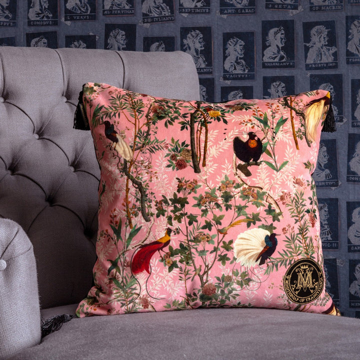ROYAL GARDEN Pink Velvet Cushion (LC40055) by Mind The Gap | LC40055 | THE TRANSYLVANIAN MANOR | 20 x 20 in | Brown, Green, Pink, Taupe | Fabric Carolina | https://www.fabriccarolina.com/