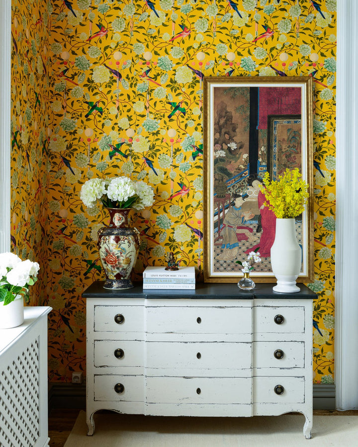THE GARDEN OF IMMORTALITY Mustard Yellow (WP20590) by Mind The Gap | WP20590 | THE WALLPAPER COMPENDIUM 2 | 3 rolls x 20.5 x 118.1 in | 0.52m / 20.5in | 3m / 118in | 4.65mp | 100cm / 39.3in | Green, Mustard Yellow, Red, White | Satin Matte | Paste the wall | 3-rolls in a box | Fabric Carolina | https://www.fabriccarolina.com/