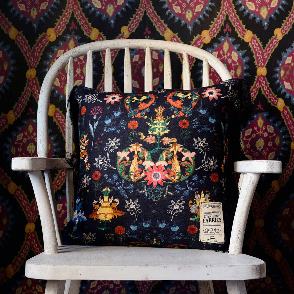TRANSYLVANIA FOLK Linen Cushion (LC40001) by Mind The Gap | LC40001 | NOMAD STORY | 20 x 20 in | Blue, Red, Yellow | Fabric Carolina | https://www.fabriccarolina.com/