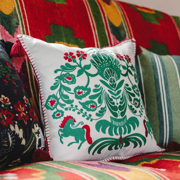 Horse Parade Linen Embroidered Cushion by Mind the Gap Designer Pillow TRANSYLVANIAN ROOTS 100% Linen Made in Turkey Red tassels 20 x 20 in - Swanky Fabrics -