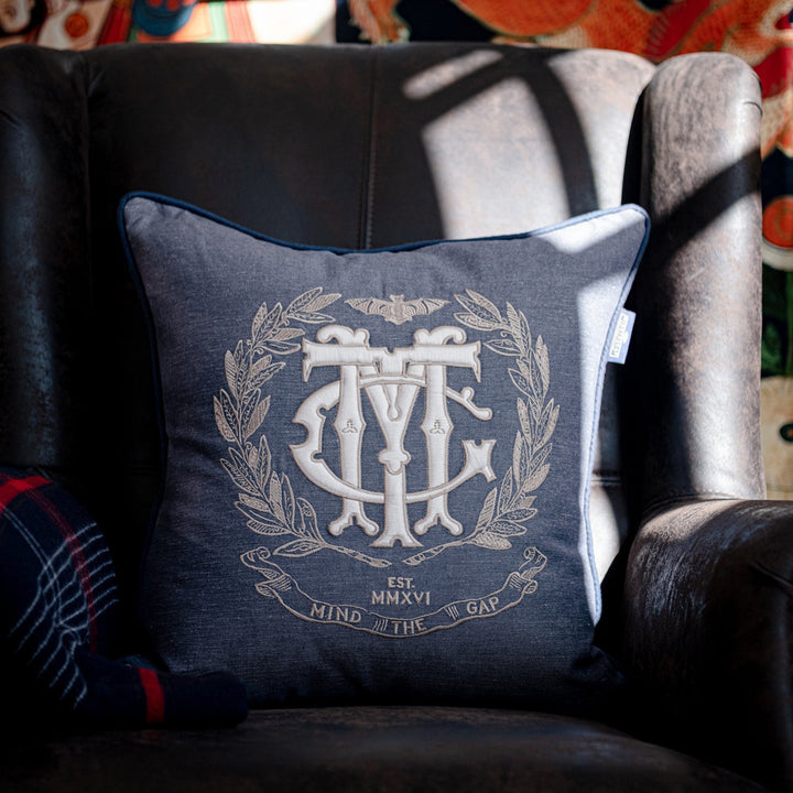 MTG BULLION Cushion (LC40168) by Mind The Gap | LC40168 | WOODSTOCK '69 LIFESTYLE COLLECTION | 20 x 20 in | Blue, White | Fabric Carolina | https://www.fabriccarolina.com/