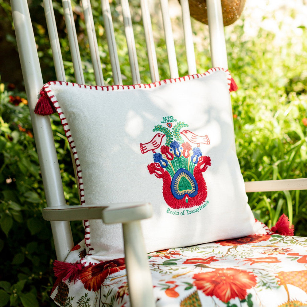 Roots Of Transylvania Linen Embroidered Cushion by Mind the Gap Designer Pillow TRANSYLVANIAN ROOTS 100% Linen Made in Turkey Red tassels 20 x 20 in - Swanky Fabrics -