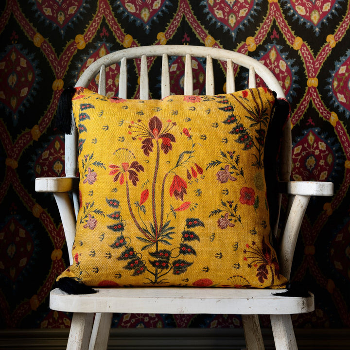 GYPSY OCHRE Anthracite (LC40009) by Mind The Gap | LC40009 | NOMAD STORY | 20 x 20 in | Black, Blue, Ochre, Red | Fabric Carolina | https://www.fabriccarolina.com/