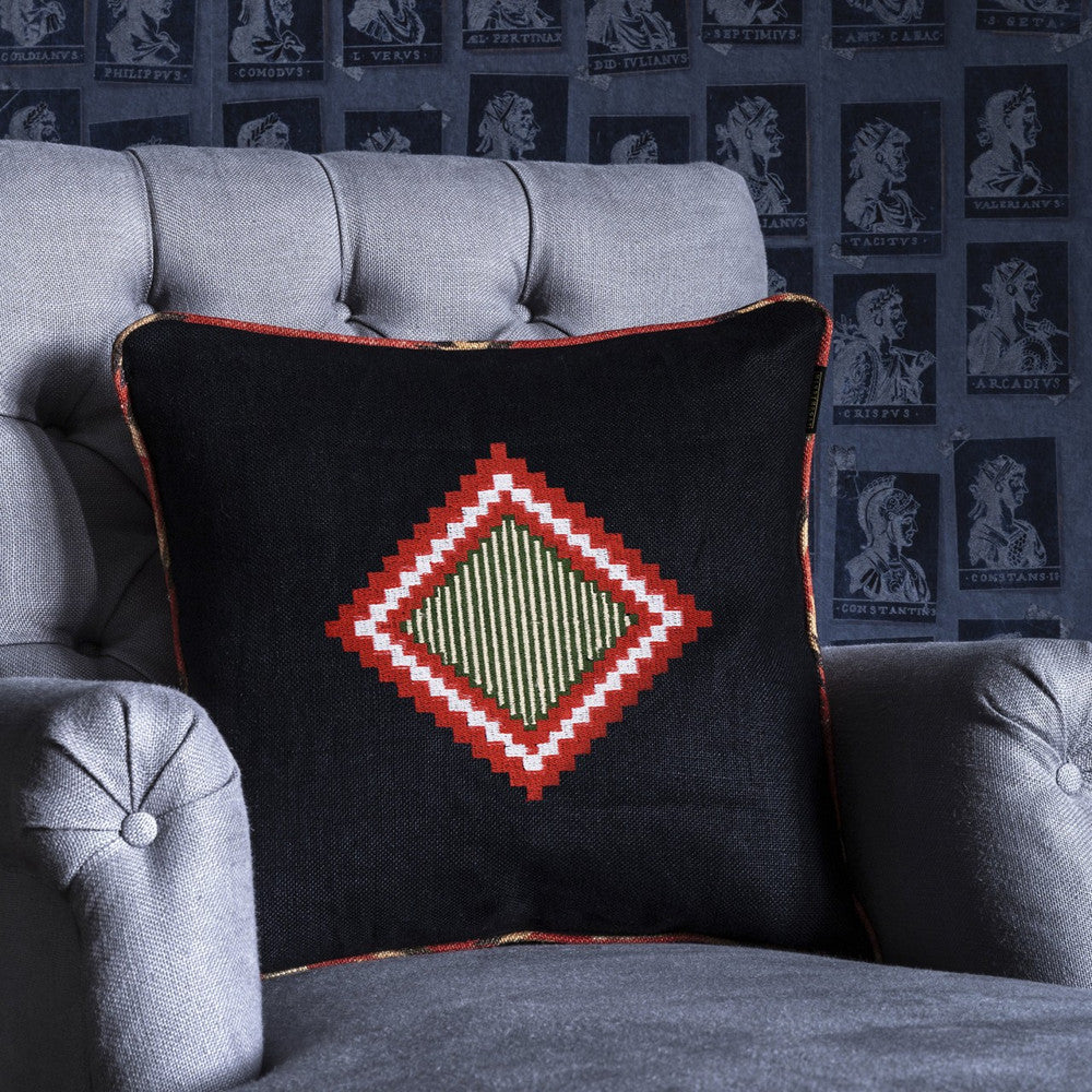 Moki Linen Embroidered Cushion by Mind the Gap Designer Pillow THE HOME OF AN ECCENTRIC MAN 100% Linen Made in United Kingdom Assorted piping 20 x 20 in - Swanky Fabrics -